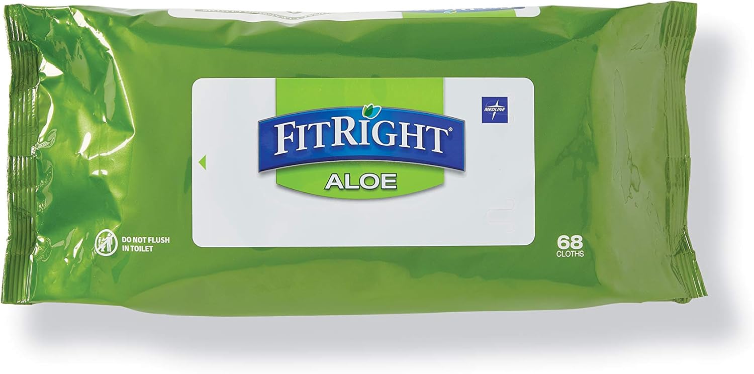 fitright aloe personal cleansing cloth wipes, scented, 8 x 10 inch adult large incontinence wipes, 68 count, pack of 12 unscented, 68 count (pack of 12)