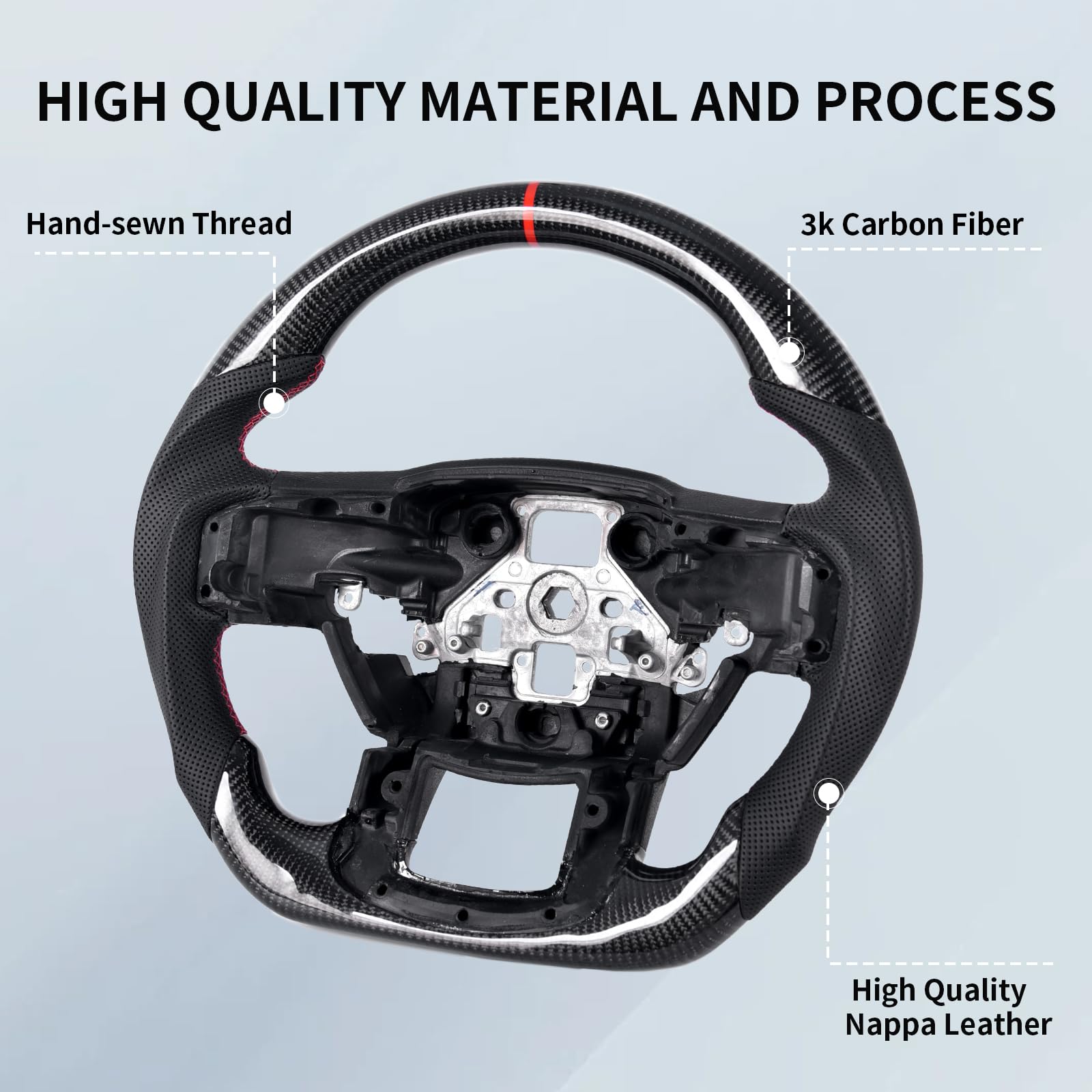 Jianggai Real Carbon Fiber Sport Steering Wheel For Ford Raptor F150 2015-2020 – No Paddle Cutouts, Perforated Leather, Red Stitch