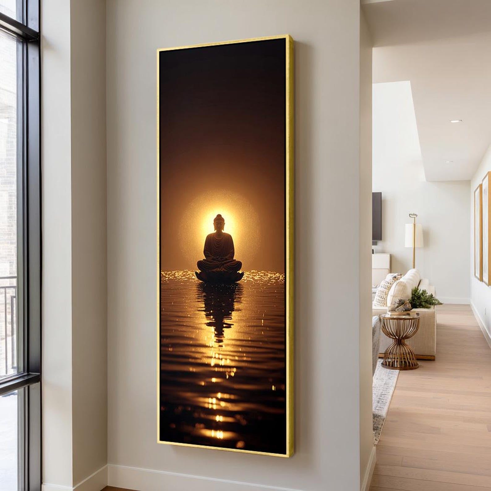 XINBAO Cuadro alto y estrecho, lienzo grande de Buda para pared, pintura de Buda larga y delgada, lámina espiritual vertical para la decoración de una sala de yoga (60x180cm/marco interior).