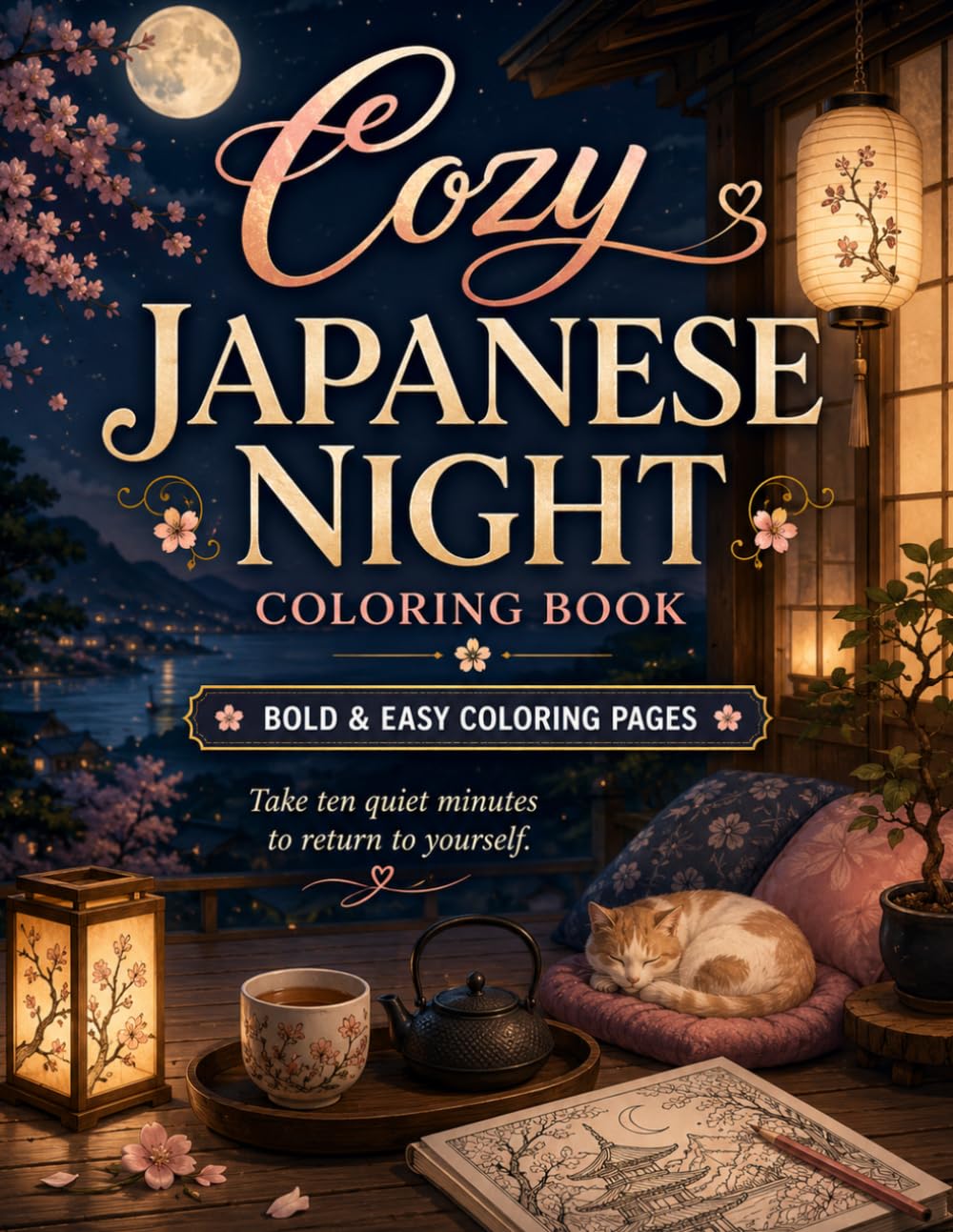 Cozy Japanese Night Coloring Book: Bold and Easy Coloring Pages with Peaceful Night Scenes, Cute Animals, Tea, Moonlight, and Sakura