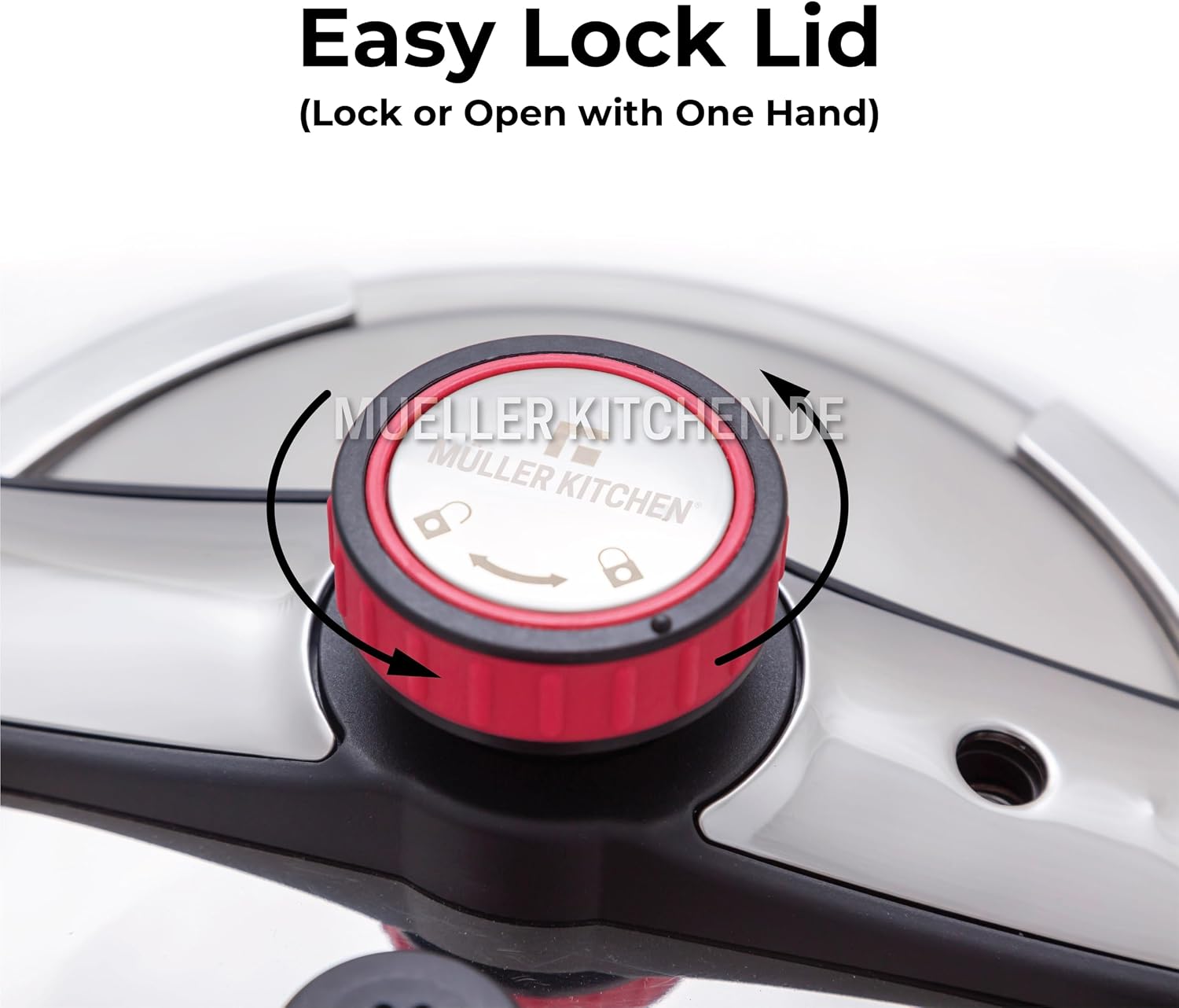 Close-up of the Müller Kitchen pressure cooker lid showing the one-hand lock/open mechanism with arrows indicating rotation.