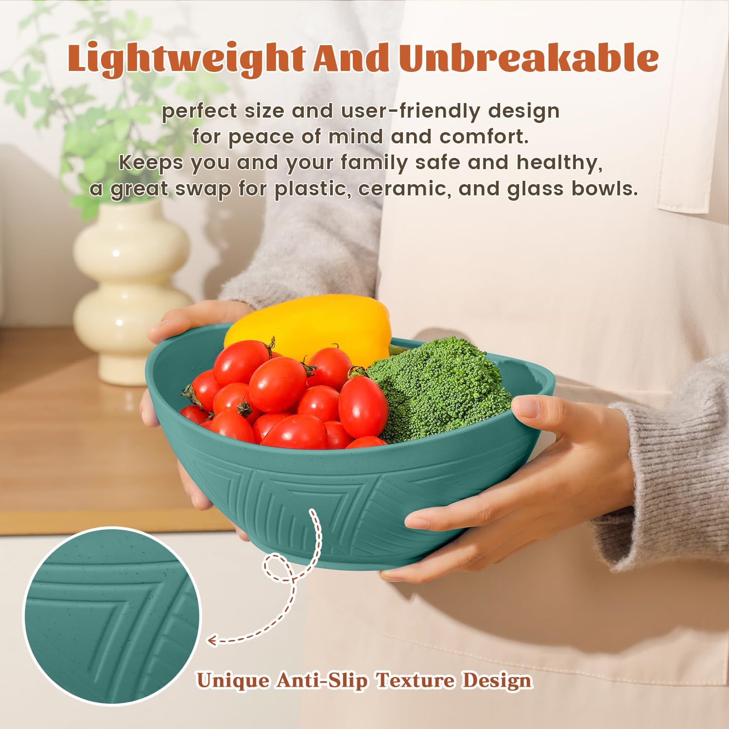 Homienly 60oz Wheat Straw Bowls Set of 6 Salad bowls Large Capacity Popcorn Bowl Unbreakable Serving Bowls Microwave & Dishwasher Safe Bowl Set Alternative for Plastic Bowls for Kitchen - Multi-colors - Image 4