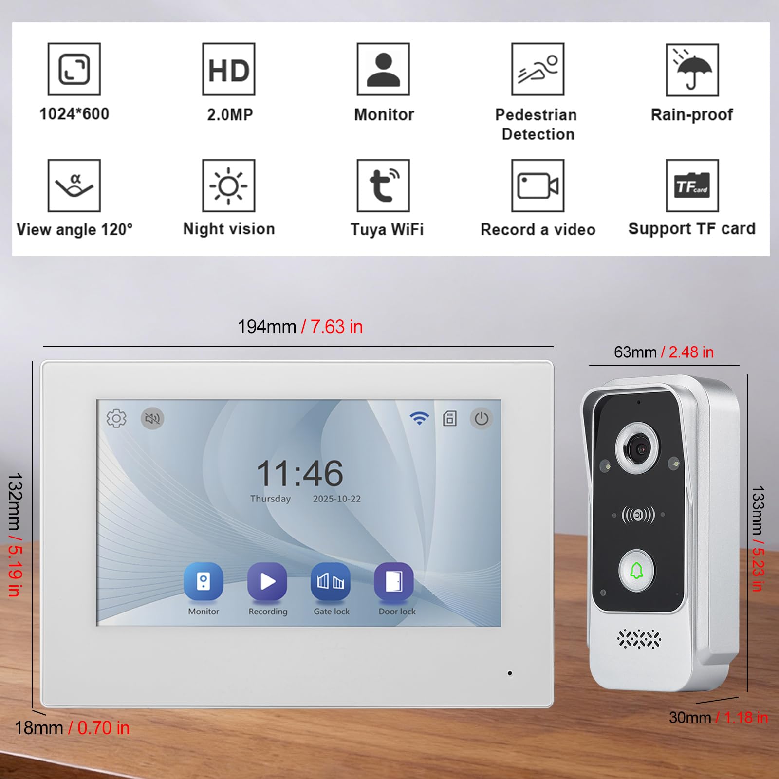 Vidéophone Intelligent WiFi Tuya 2 Fils, 1080P Caméra Vidéo avec Moniteur Écran Tactile de 7", Audio Bidirectionnel, Déverrouillage via APP &Carte RFID, Détection de Mouvement, Étanche IP65
