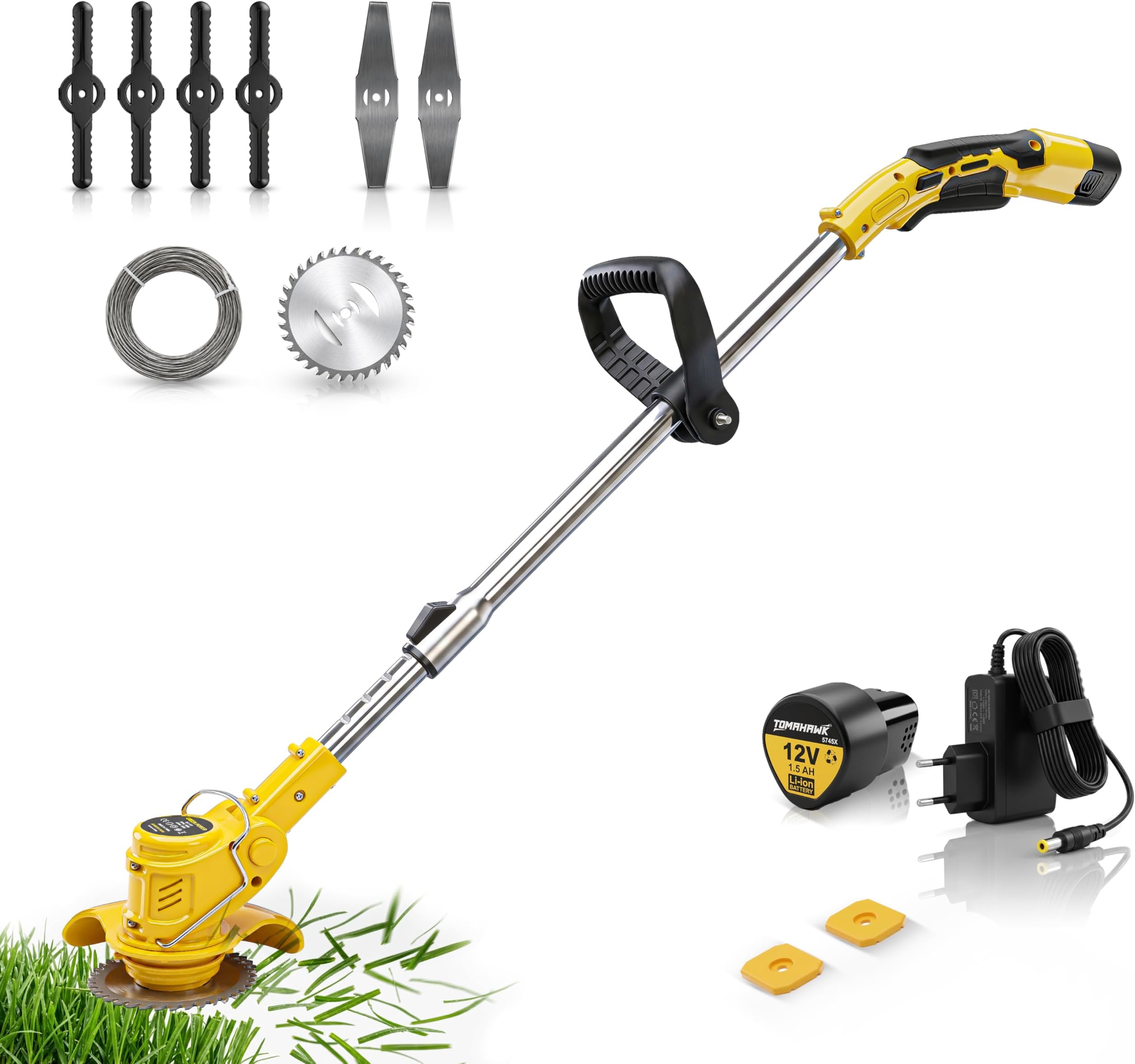 Tomahawk TCBC-12 12V Cordless Brush Cutter, Brushless Motor, 1.5Ah x 2 Batteries, Adjustable Length Shaft, 10,000 RPM, Light Duty Garden Grass & Weed Trimmer with Saw Blade & Rope Attachment
