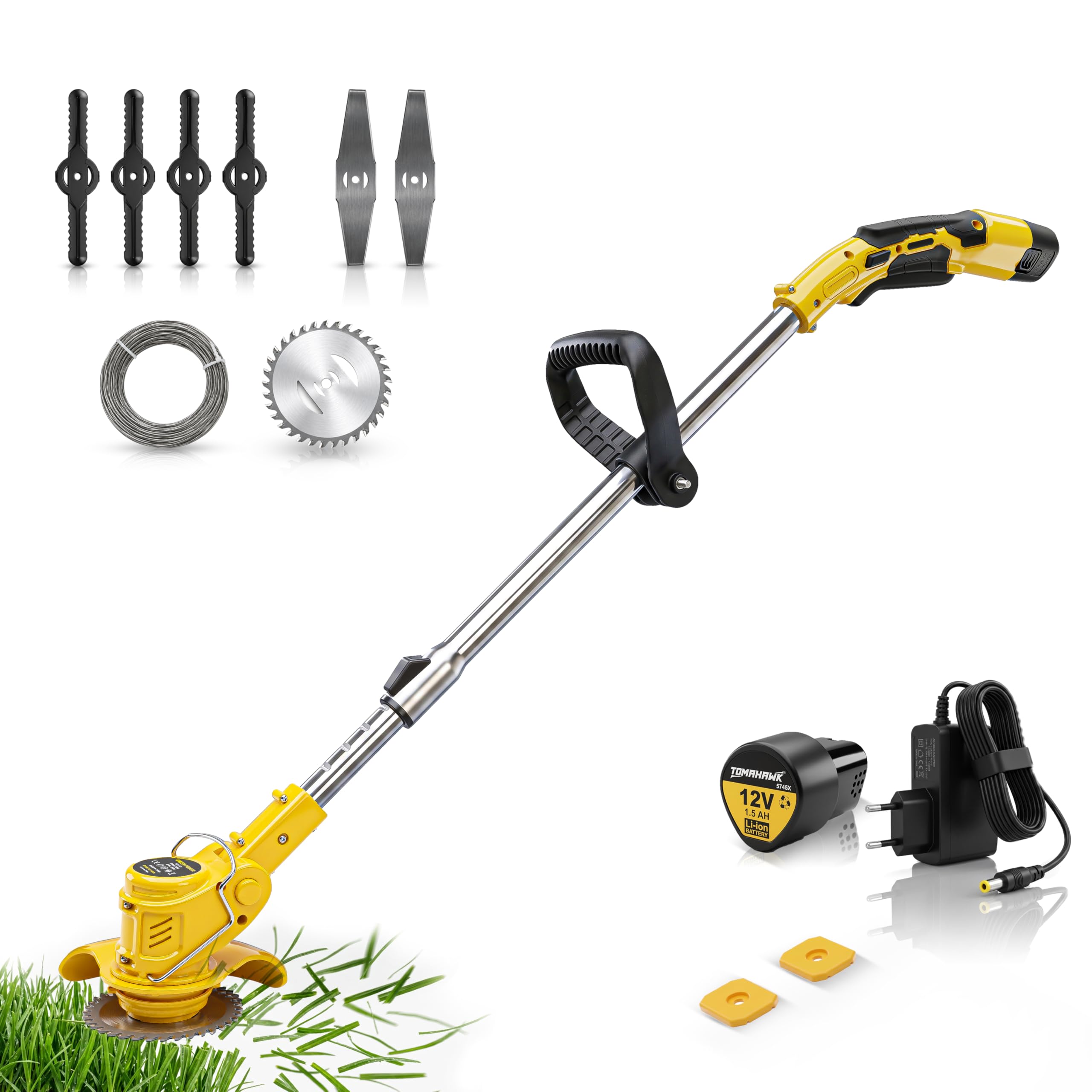 TOMAHAWK Cordless 12V Electric Grass Cutting Machine, Portable Grass Trimmer Machine for Garden, Weed Cutter Machine, Fast Rotation Motor with Multi Blades, 1x 1.5Ah Battery & Charger-image-0