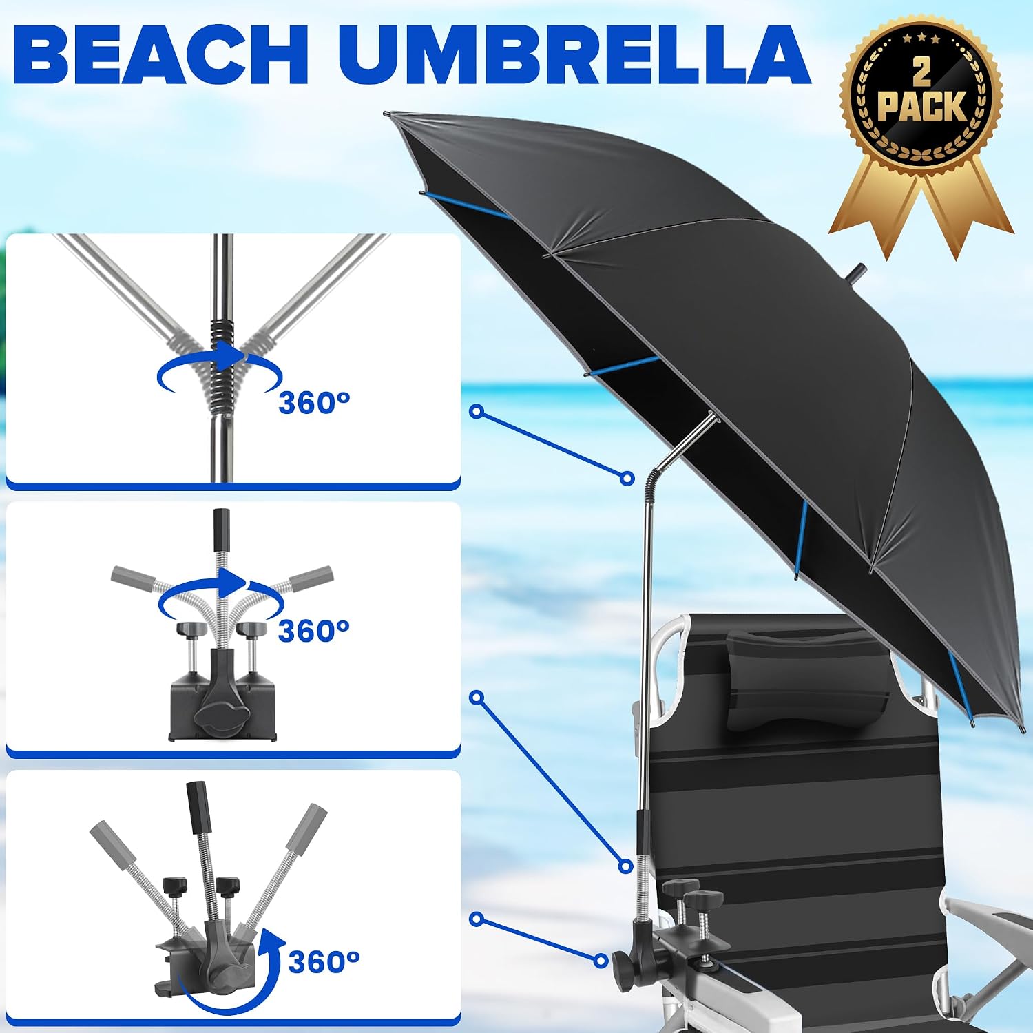 Beach Umbrella,2PACK 48.7inch Chair Umbrella with Clamp adjustable 360°,UV Protection Large Camping Chair Umbrellas for Camping chair, Glof Cart,Table(Chair,Table not include)