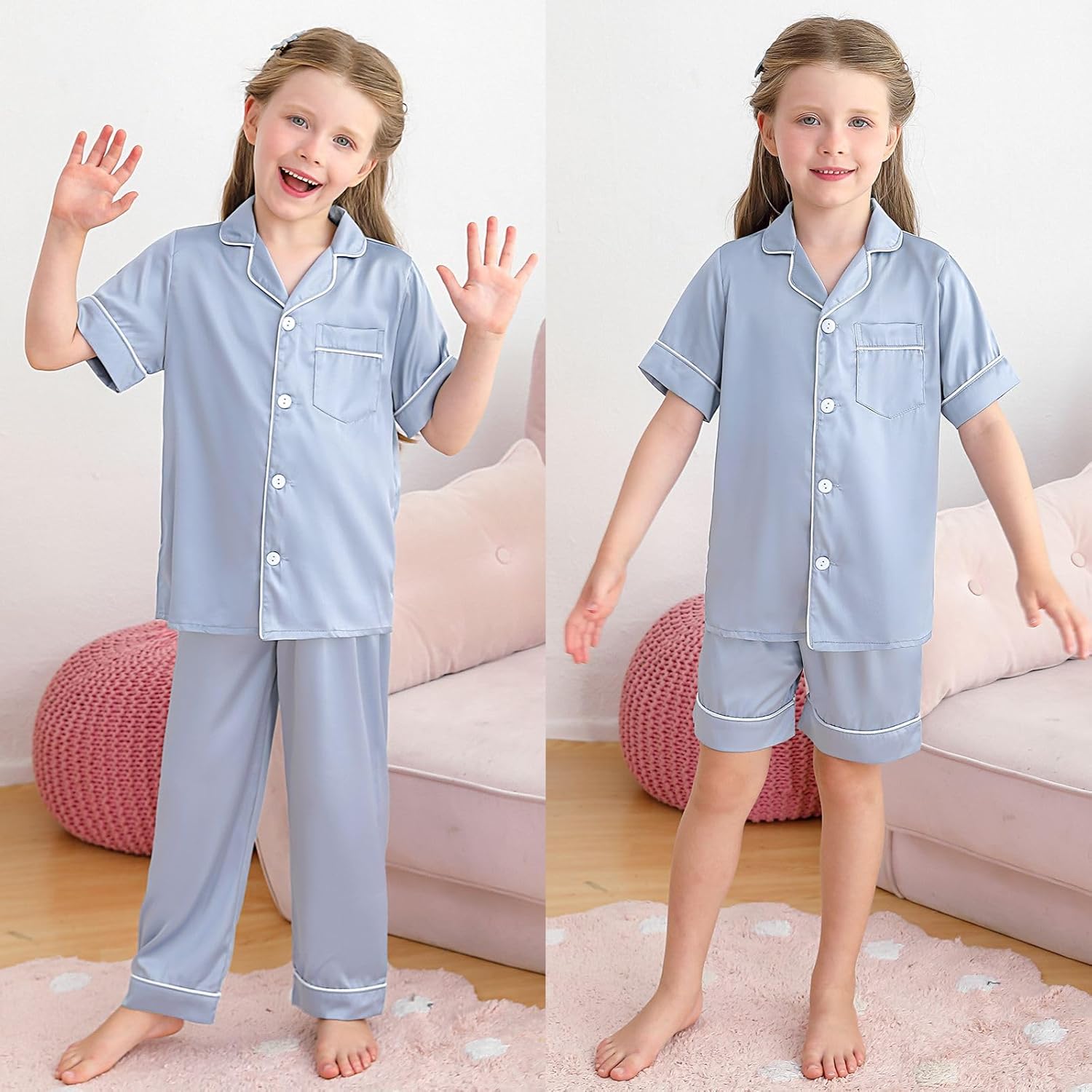 Weixinbuy Girls Pajama Set Silk Satin Pajamas for Kids Girls Boys Button Down Pjs Set Casual Sleepwear Loungewear Gifts - Image 2