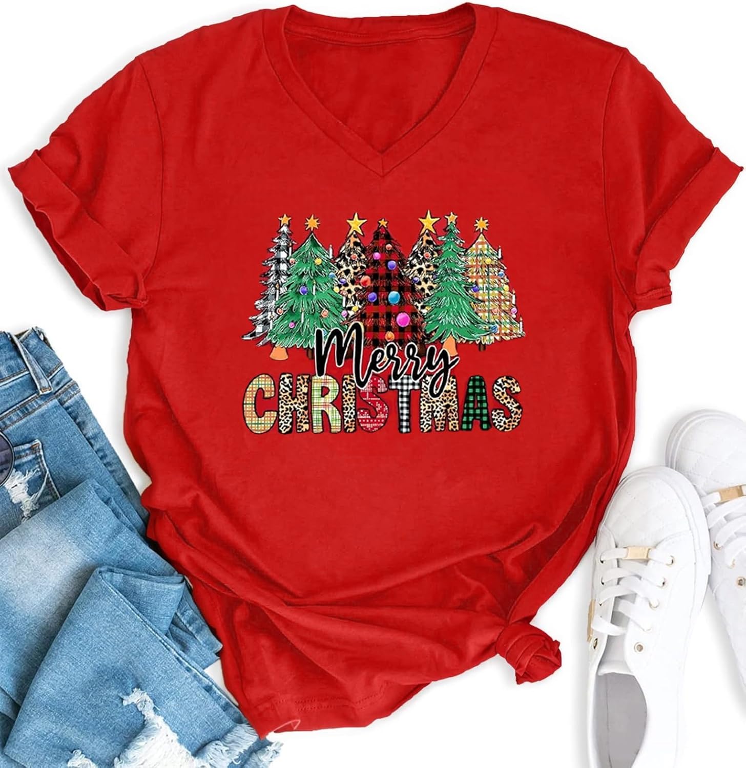 Merry Christmas T Shirts Women V Neck Graphic Holiday Tops Vacation Short Sleeve Xmas Buffalo Plaid Tree Tee - Image 6