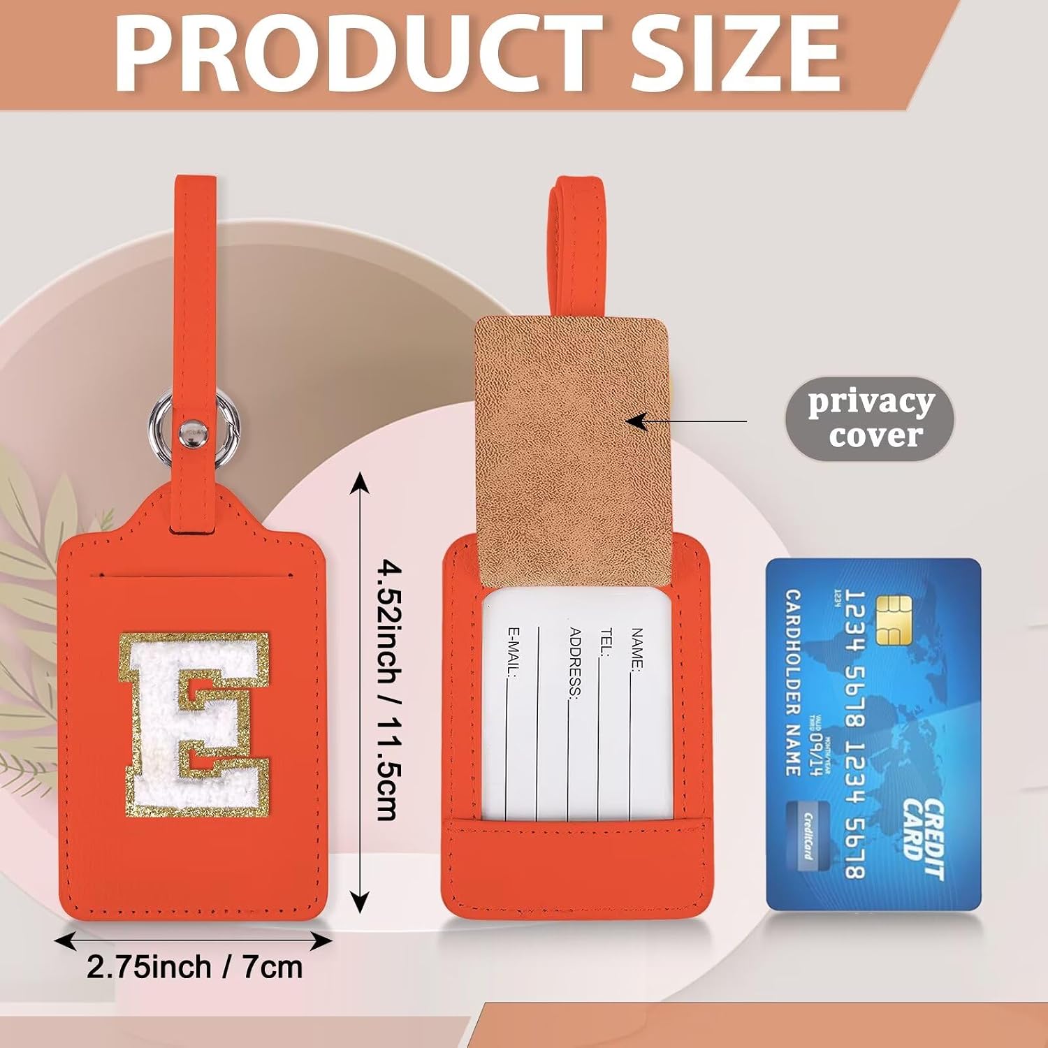 Personalized Initial Luggage Tags for Suitcases, Leather Chenille Letter Cute Luggage Tags with Privacy Name Card, Embroidered Travel Bag Backpack Tag Gifts for Women Kids Girls Teens(Orange-E) image 2