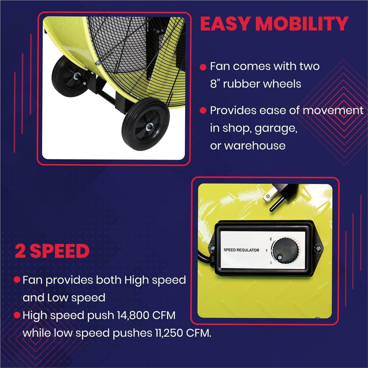 K Tool International 77743 42” Belt Drive Drum Fan with 8” Wheels, High-velocity, 2-Speed, Cut-off Protection, 14,800 Max CFM, cUL listed, Used in Warehouses, Shops, Greenhouses, Barns, Gyms, Yellow