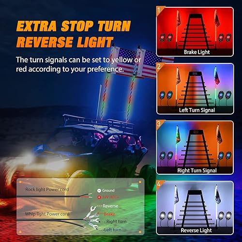 Vista 18 de Nilight - 2 luces de látigo RGB LED de 2 pies, con luz adicional de parada, direccional y reversa, control remoto y aplicación, patrones