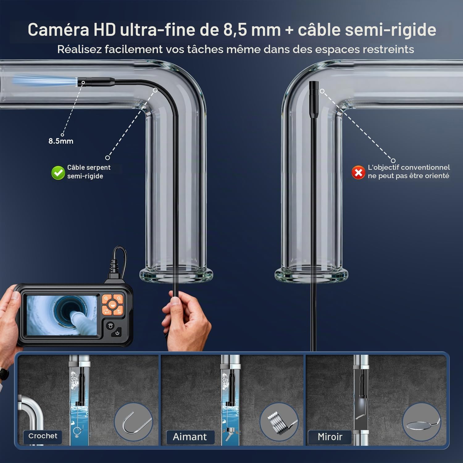 SKYBASIC Endoscope Industrielle, Caméra de Inspection HD 1080P avec Écran IPS 4,3 Pouces, Caméra Endoscopie IP67 Étanche avec 8 LED, Caméra Serpent pour Automobile, Mur, Canalisation-20M
