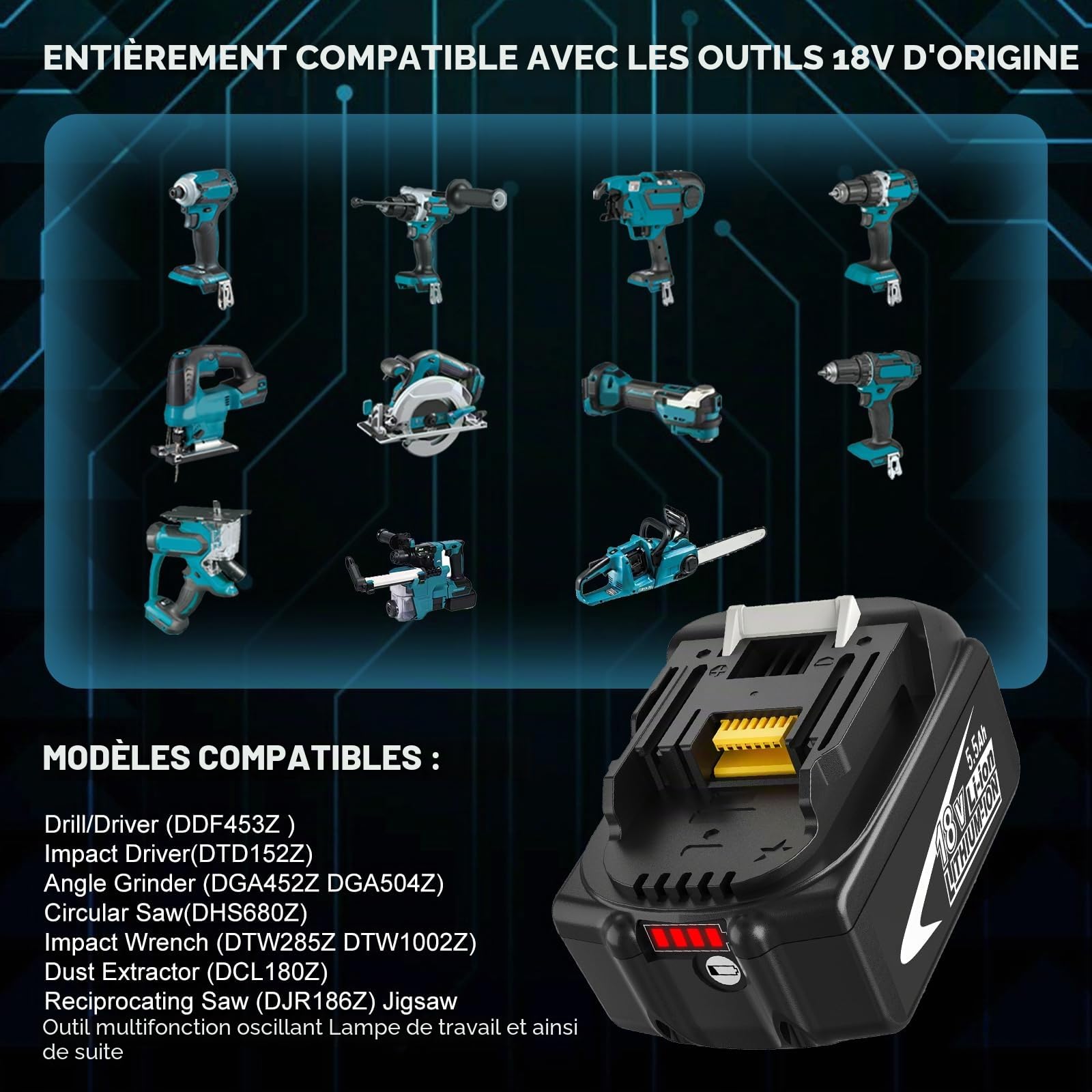 2X BL1860B Remplacement pour Makita Batterie 18V 5.5Ah + Chargeur DC18RF | pour BL1860B BL1850B BL1850 BL1860 BL1845 BL1840 et LXT-400 avec indicateur LED
