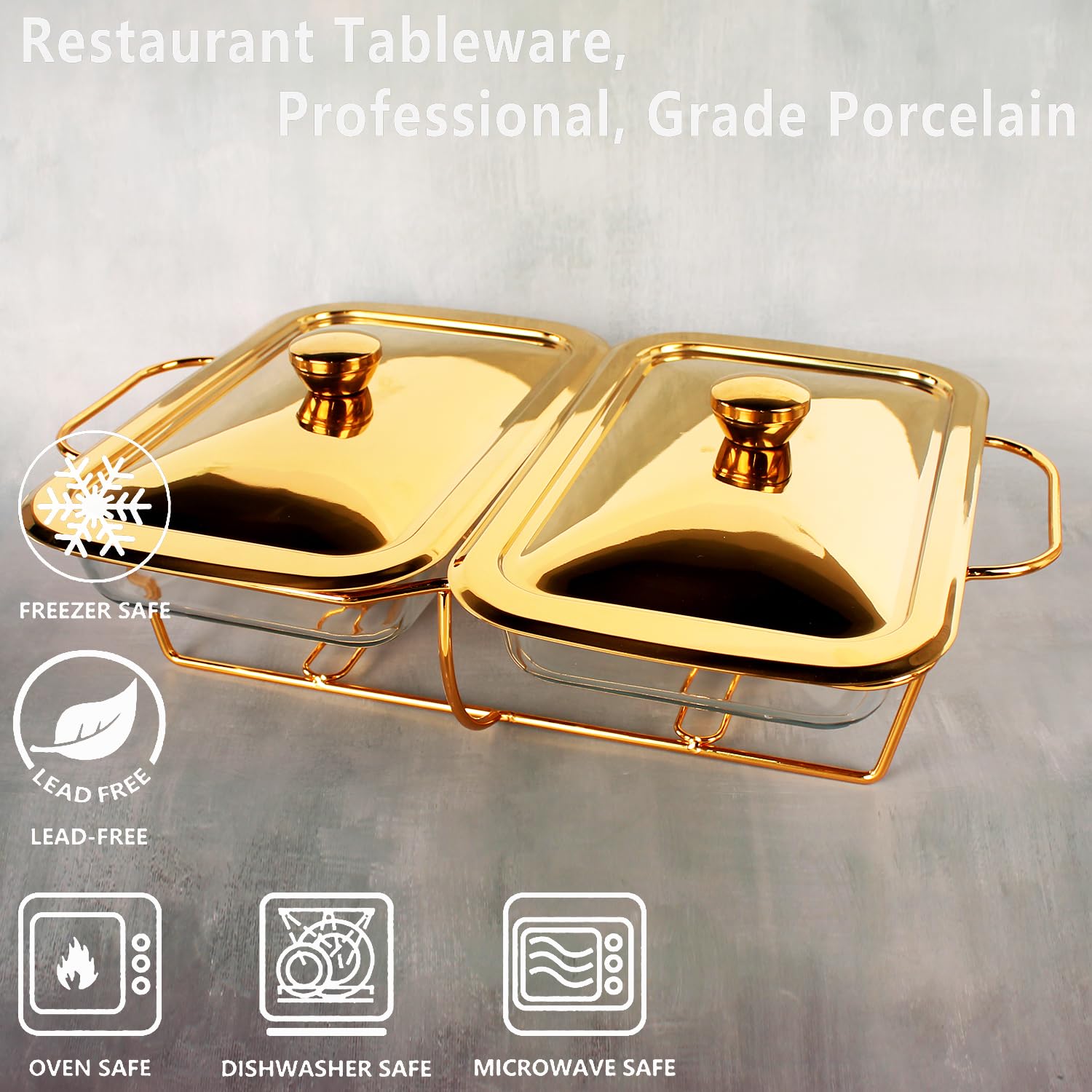 Cacerola de vidrio para hornear con tapa de acero inoxidable y estante, sartén grande para cazuela y lasaña, apto para lavavajillas, congelador, microondas y horno (rectángulo dorado 2 en