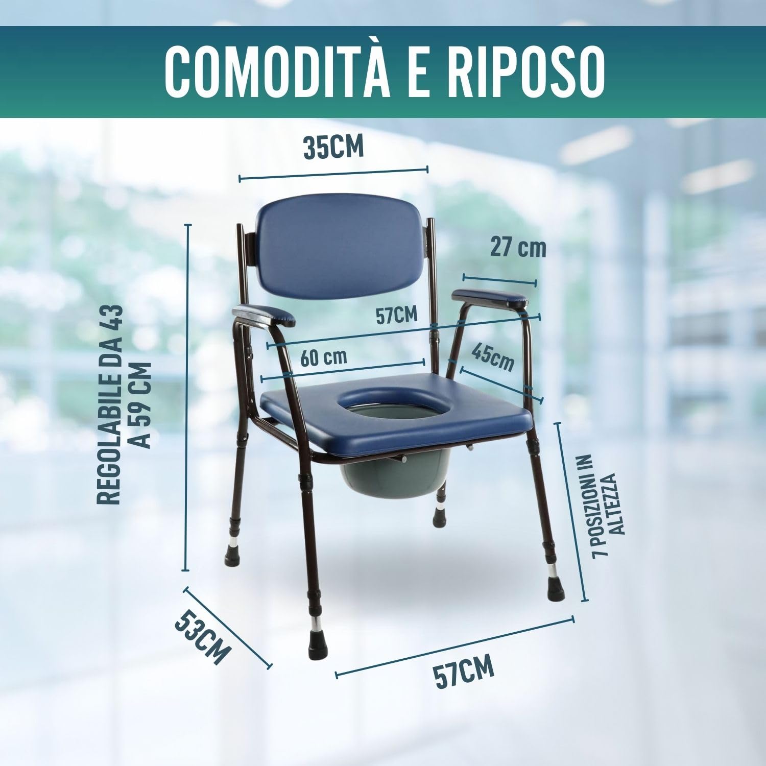 OrtoPrime Sedia WC per Anziani Acolchita - Sedia WC Portatile Regolabile - Comoda WC con Bidet Rimovibile - Sedia Comoda per Anziani - Robusta e Confortevole