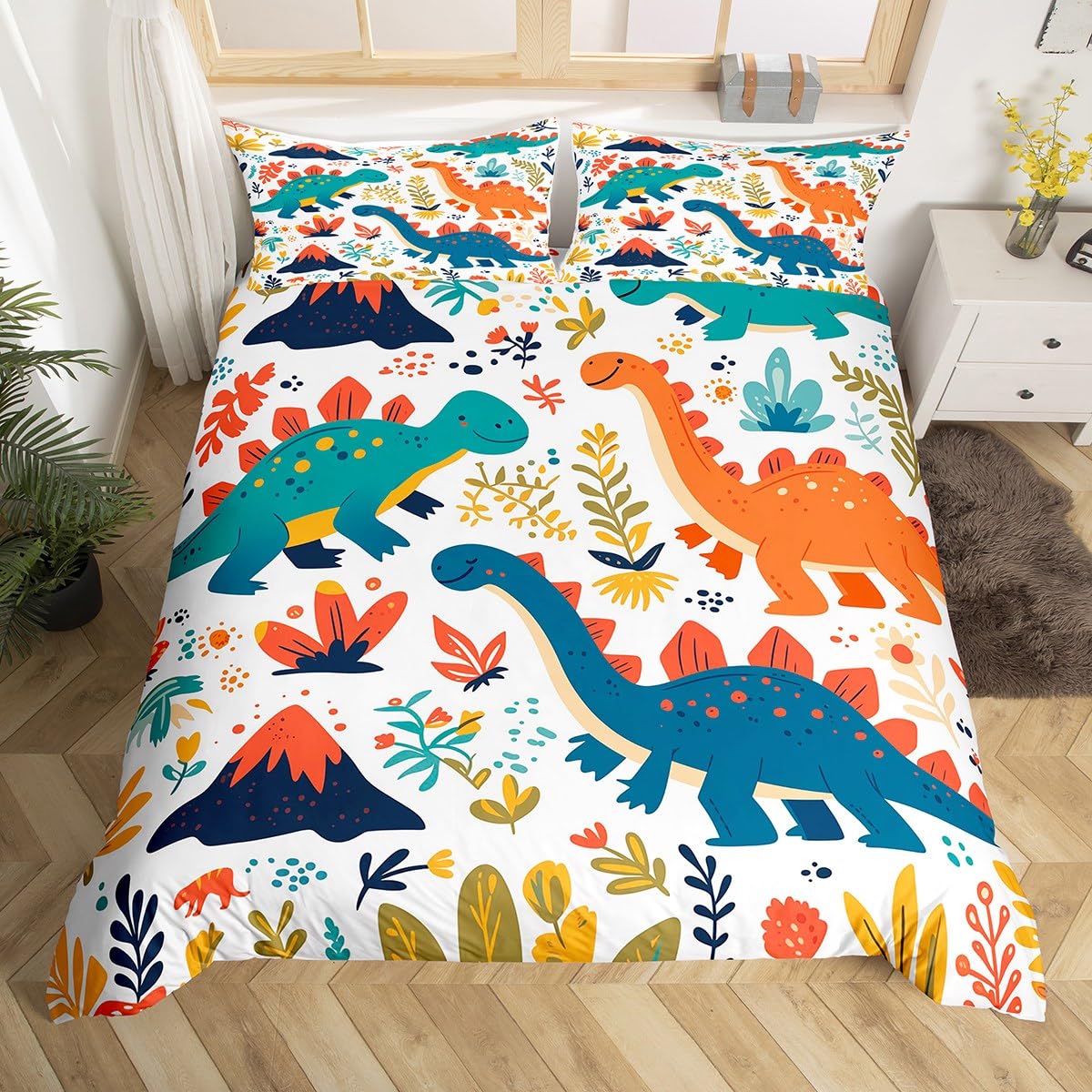 Couvre lit fleurs feuilles et dinosaure 140x200 pour enfant