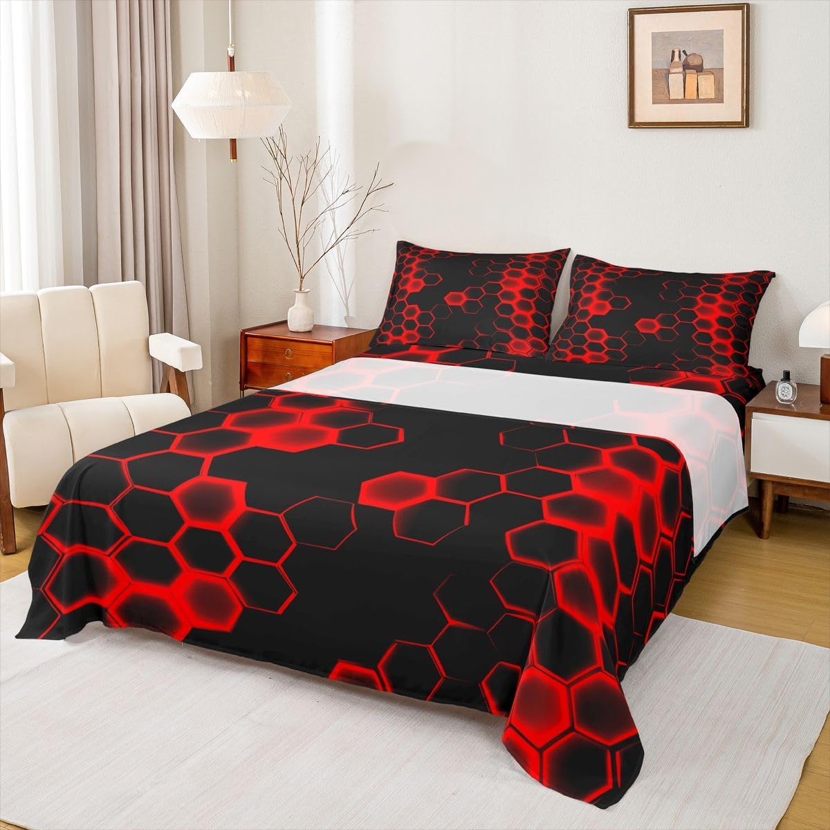 Red and Black Honeycomb Sheets with Deep Pocket Fitted Sheet Full Size, Geometric Honeycomb Sheet Set for Kids Toddler Beehive Hexagon Bed Sheets Set Geometrics Honeycomb Bedding Set Full Size