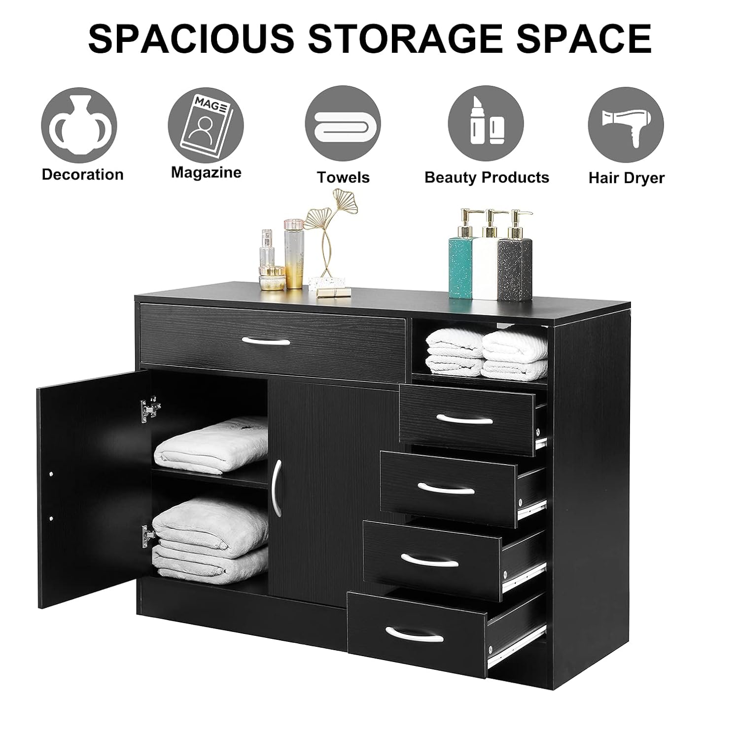 Homvent Hairdressing Dresser Cabinet Barber Salon Stations Hair Styling Cabinet Beauty Salon Storage Organizer Spa Furniture with Double Doors Five layer Rolling Storage Drawer 1 Open Shelf (Black A) : Beauty & Personal Care