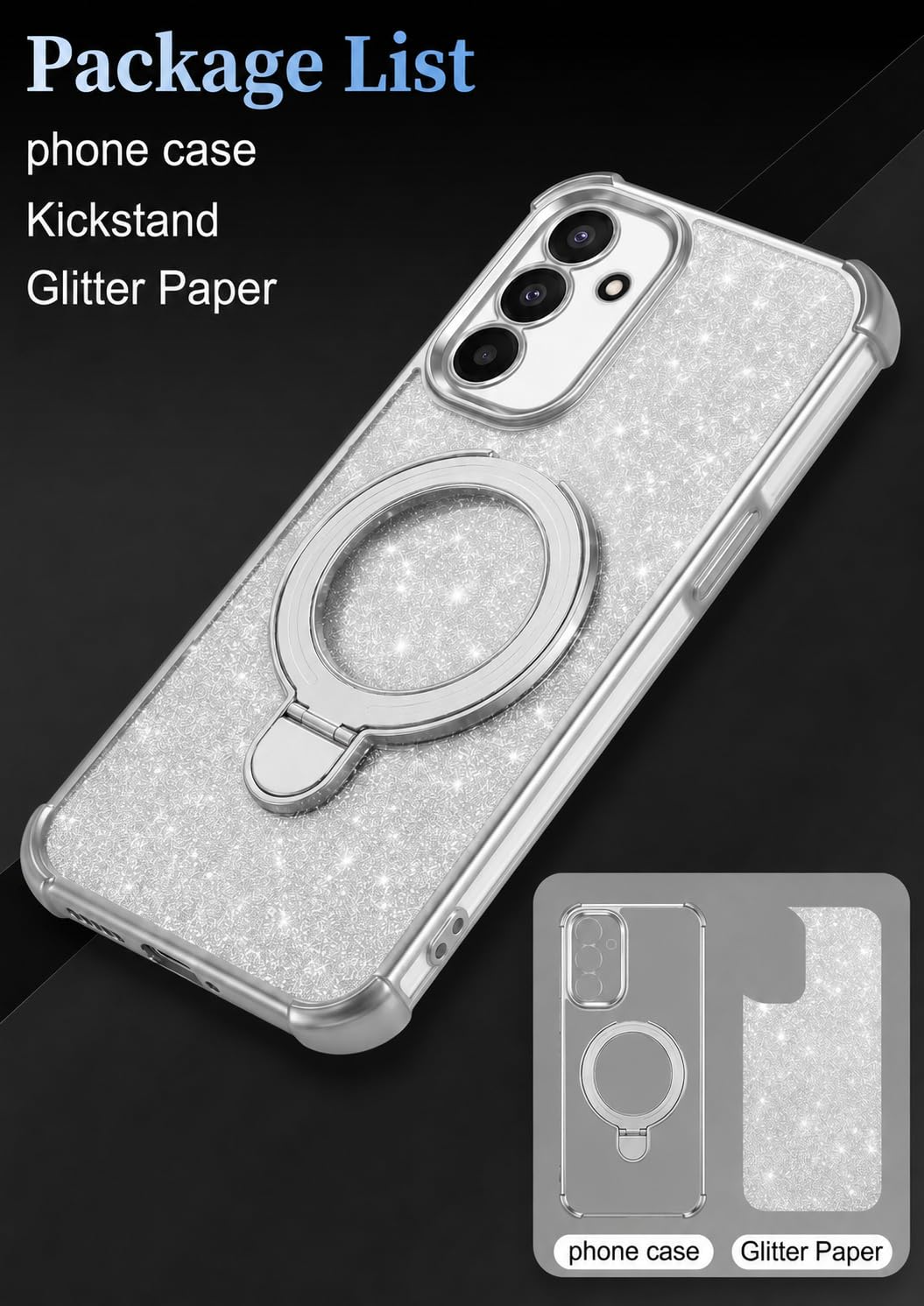 Mobigon Glitter Phone Case Compatible with Xiaomi Redmi Note 14 4G (Not 5G), Magnetic Ring Stand Shockproof Cover, Clear Soft TPU Bumper with Full Camera Protection - Silver