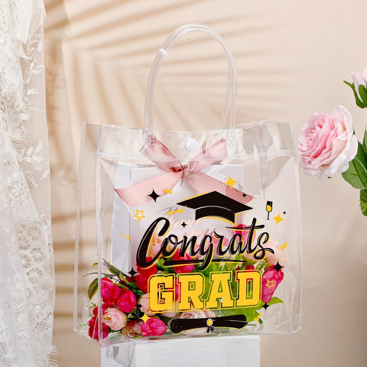 Amylove 12 Pcs Graduation Gift Bags 2026 Congrats Grad Reusable Plastic Goodie Bags with Handles 8x8x3 Clear PVC Graduation Gift for College Grad Party Favors(Black)
