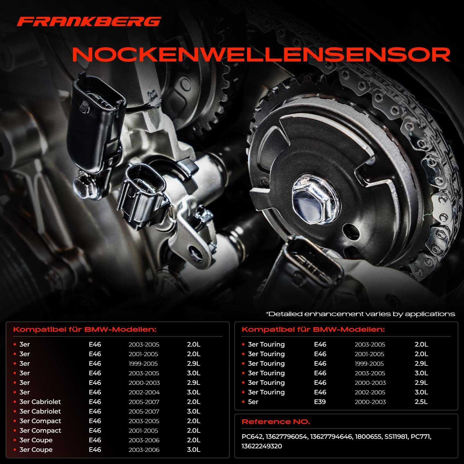 Frankberg Sensor del árbol de levas Sensor del cigüeñal 3-Polos Compatible con Serie 3 Touring E46 Serie 3 E46 X3 E83 Serie 5 Touring E39 X5 E53 Replace# 13627794646