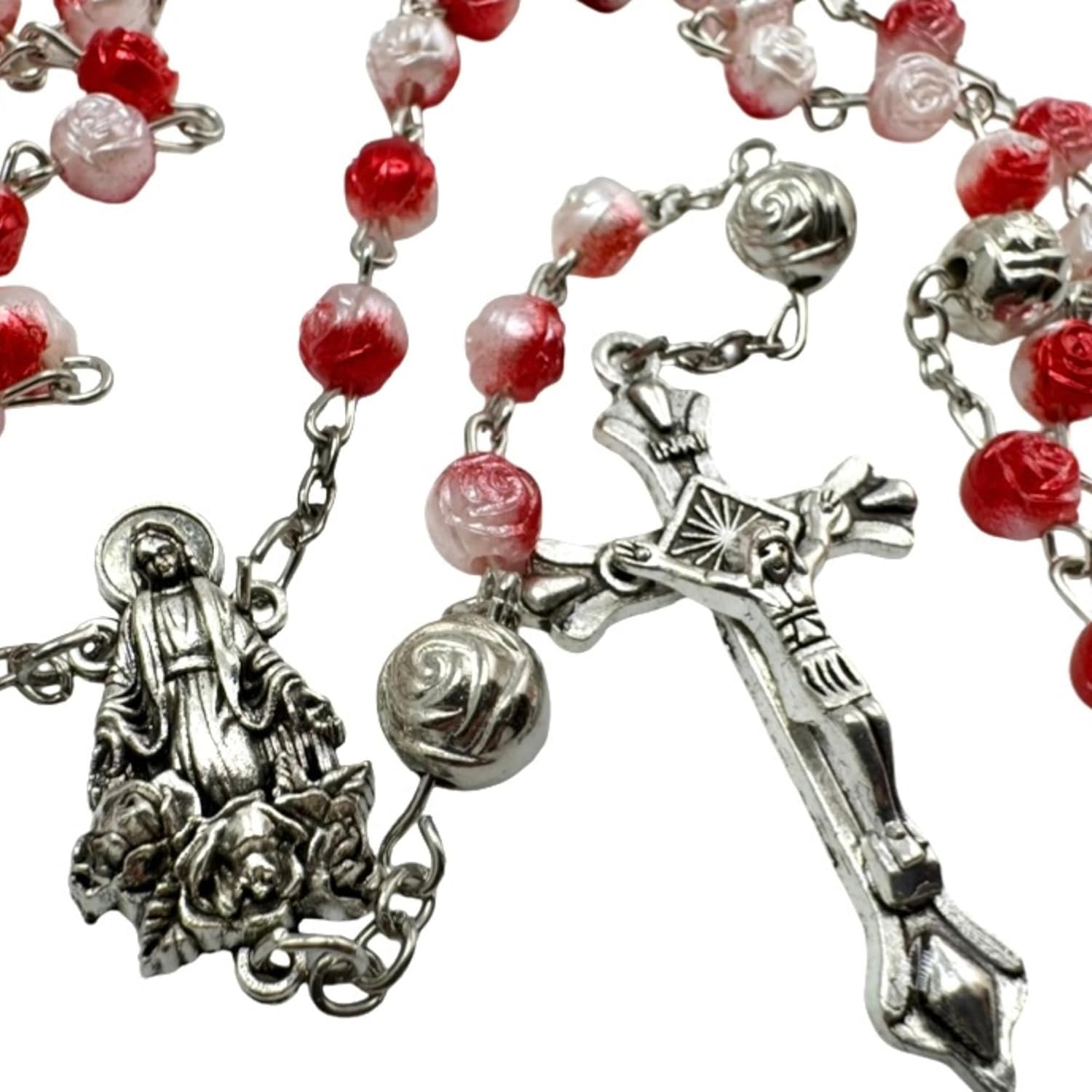 Our Lady of the Rosary Set Rose Shaped Beads with Metal Crucifix Centerpiece and Holy Prayer Card - Image 5