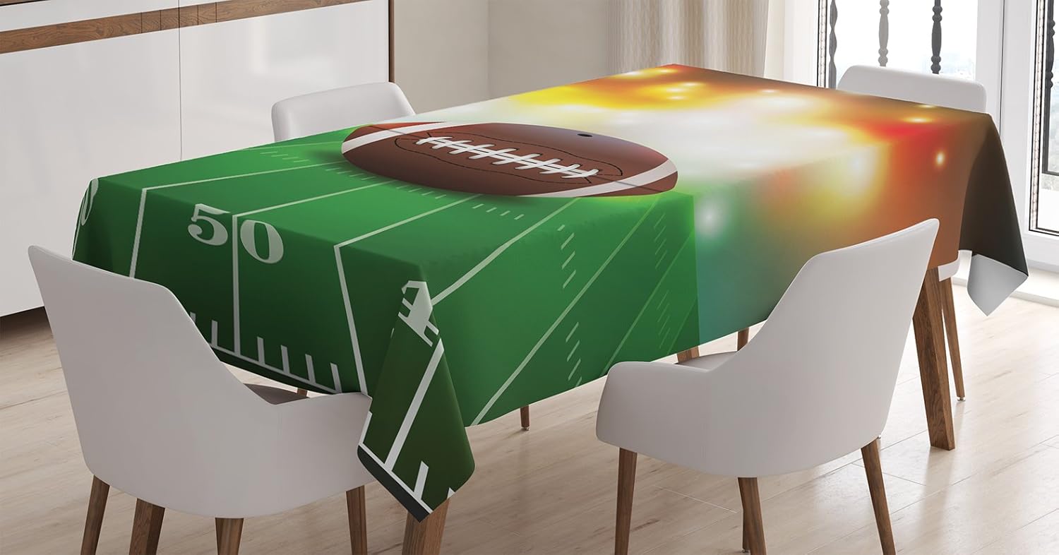 Ambesonne Sports Tablecloth, American Football Ball Warm Properties on Grass Turf Field Team Art Graphic, Rectangular Table Cover for Dining Room Kitchen Decor, 60" X 84", Brown Green 60" X 84" Brown Green