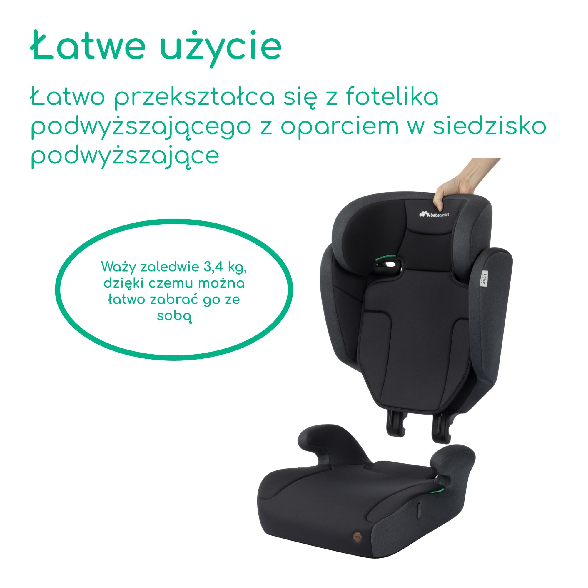 Bebeconfort Ride 2-in-1 i-Safe, Fotelik Samochodowy, 3,5-12 Lat (100-150 cm), Fotelik na Pasy, Wyjmowane Oparcie, Lekki (3,4 kg), 11 Pozycji Zagłówka, Uchwyt na Kubek, Full Black