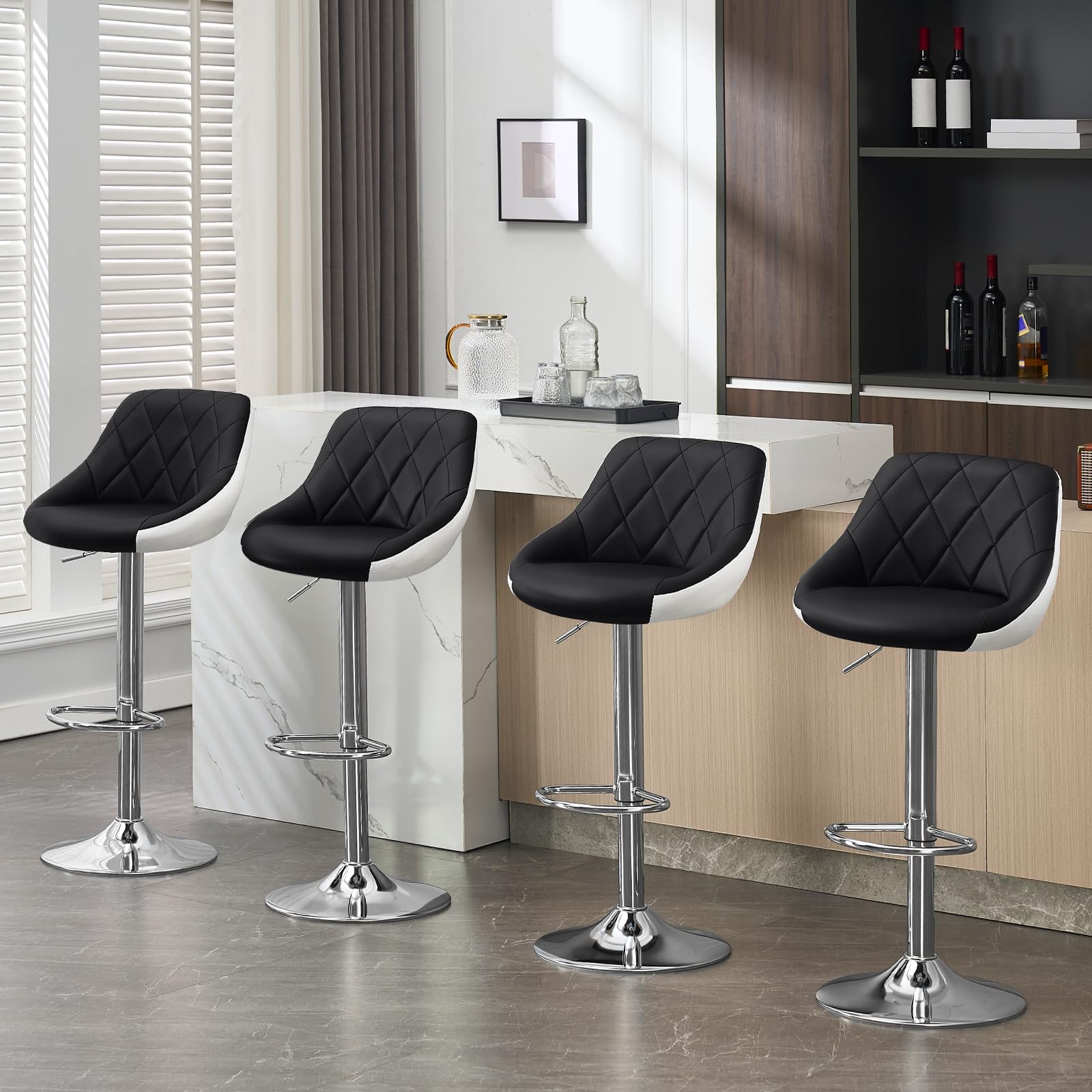 WOLTU Barhocker 1er Set, Barstuhl Höhenverstellbar, PU-Bezug, Schwarz+Weiß | Drehbarer Bar Stool mit Rückenlehne und Fußstütze, rutschfeste Metallfüße, für Küche und Hausbar