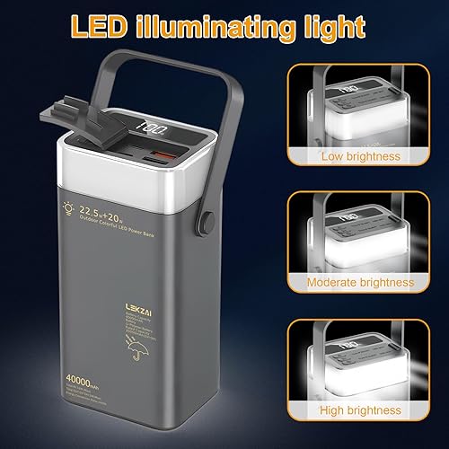 Miniatura 5 de Lekzai Banco de energía de carga rápida PD de 40,000 mAh de 20 W, cargador portátil con 4 salidas USB y luz ambiental de color RGB, cargador de