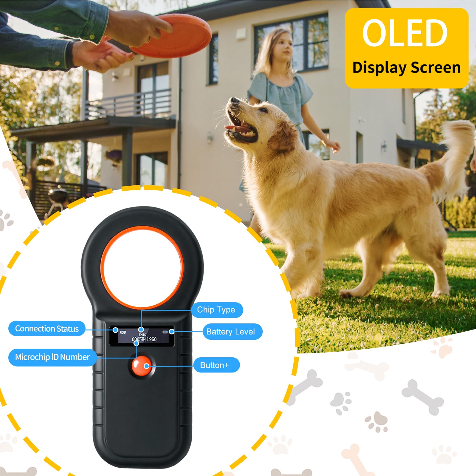 Lecteur de puces pour Animaux, Scanner de puces pour Animaux domestiques, Lecteur de puces pour Animaux, Scanner de puces pour Chats ISO11784/(85) FDX-B/EMID Lecteur de puces électroniques