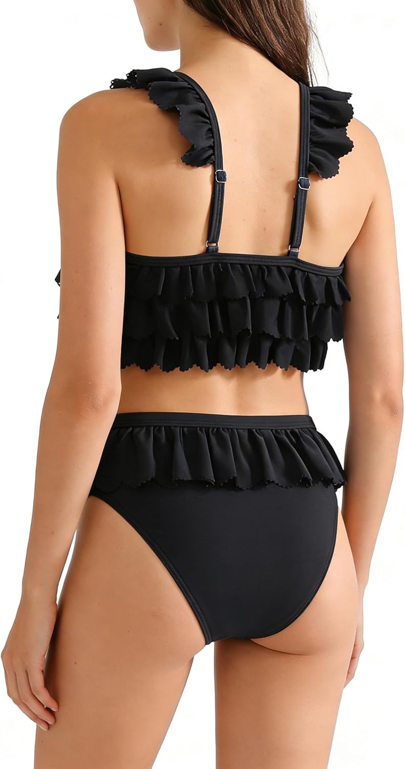 Girl's Swimsuit 2 Piece Tankini Swimsuits for Girls Layered Ruffle Bathing Suit Cut Eyelet Trim Swimwear 7-16Y