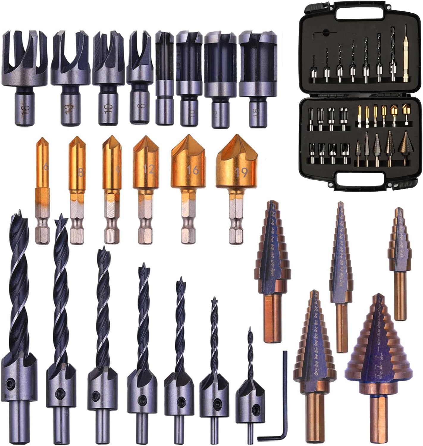 Rocaris 28 Pack Woodworking Chamfer Drilling Tools with a Case, Rocaris Including 6 Countersink, 5 Metric Step Drill Bit, 7 Counter Sinker Drill Bit Set with L-Wrench, 8 Wood Plug Cutter