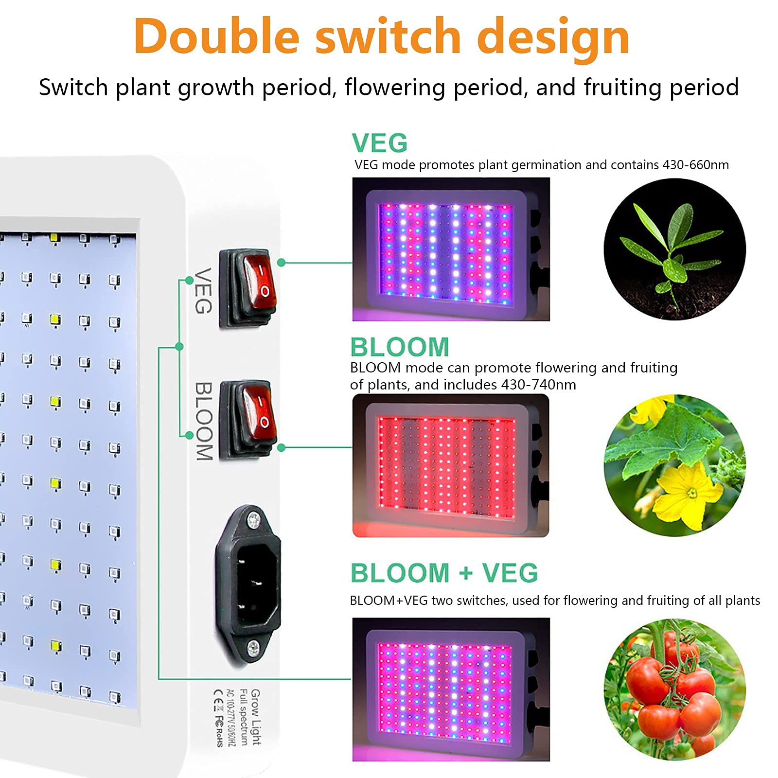 Luces LED de espectro completo para el cultivo de Lámpara LED de cultivo de espectro completo ajustable con disipación de calor de 415 x 200 x 40 mm for interiores, 312/216 LED(216 pcs)