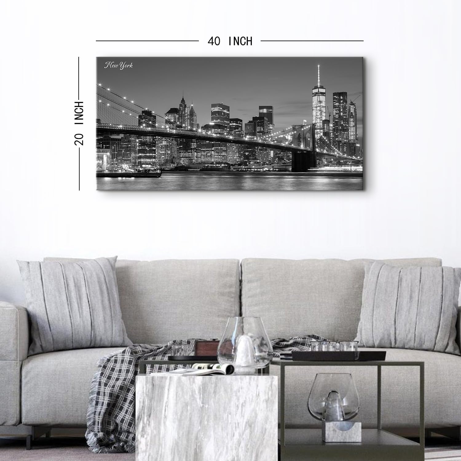Black and White Wall Art New York City Canvas Prints Brooklyn Bridge Pictures Manhattan Night View Posters Modern Cityscape Panoramic Painting Artwork for Living Room Office Home Decorations 20x40"