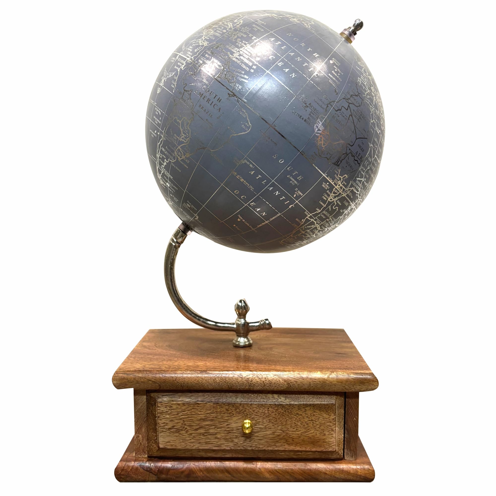 CGE- Antique Home Décor 8 inch Diameter World Globe on Silver Ungli Arc and Wooden Storage Drawer for Office Table,Gift Item,Interior Decoration and Educational -Blue & Silver