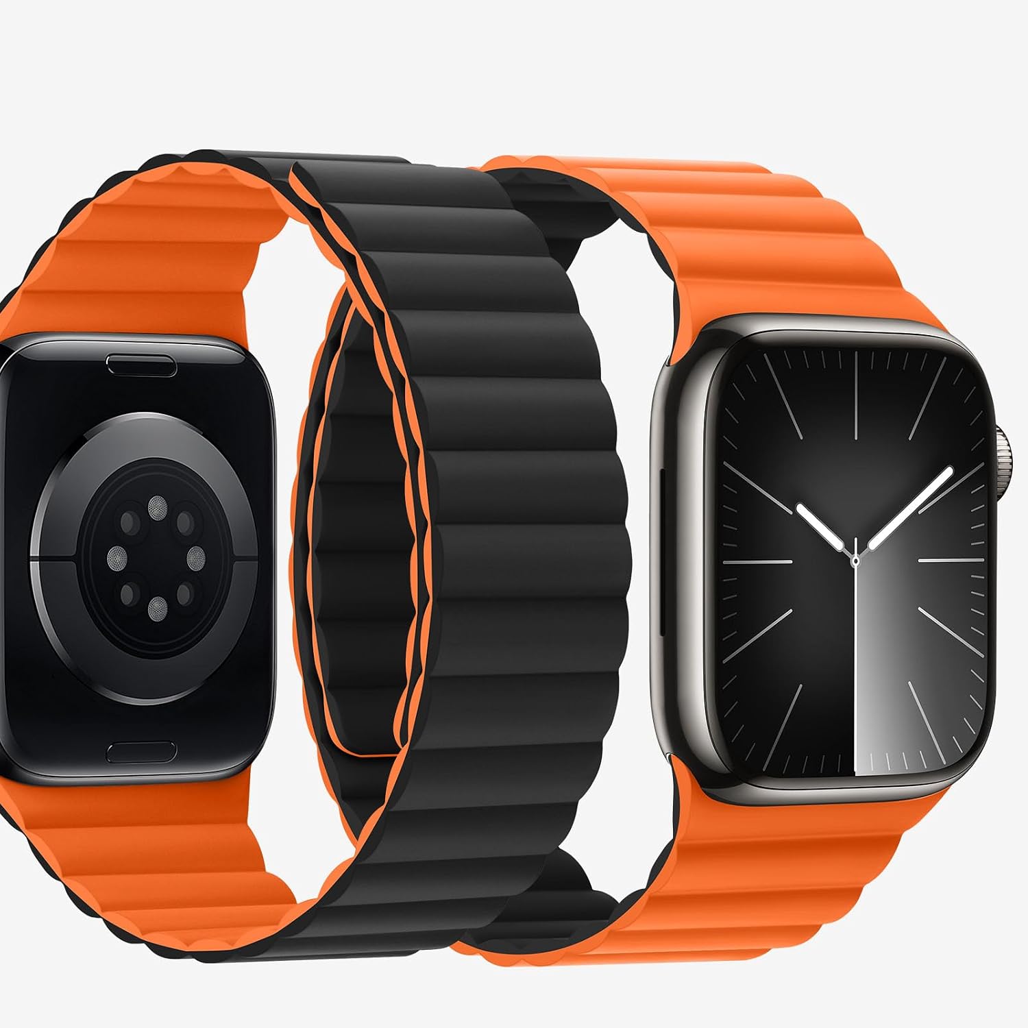 Condition photo showing New/Like New for compatible with apple watch band 49 46 45 44 42 41 40 38mm, double sided wearable silicone magnetic strap for iwatch ultra se series 11 10 9 8 7 6 5 4 3 2 1 (38/40/41/42, orange/black) orange/black (42mm series10)/41mm/40mm/38mm