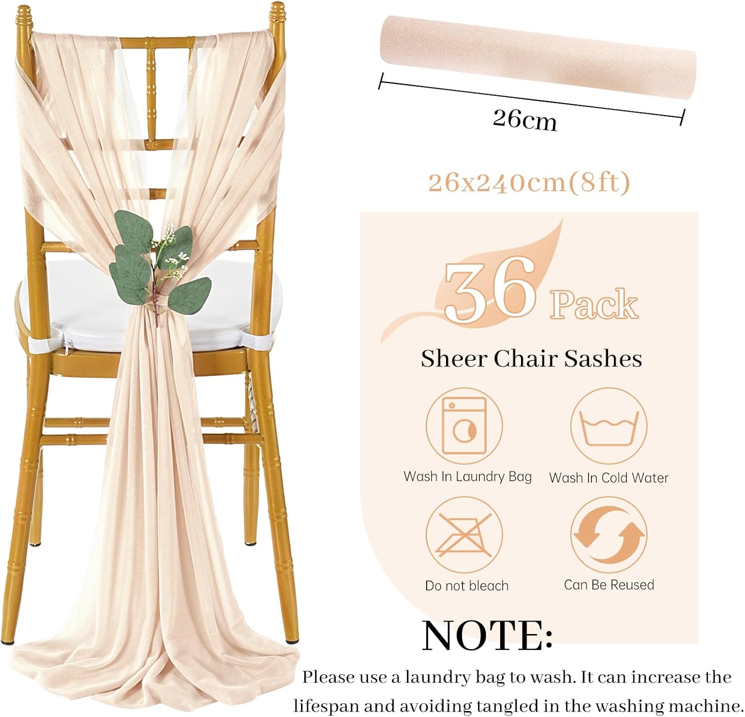 QueenDream Sheer Fabric Wedding Chair Sashes: 36PCS Tulle Church Chair Cover Long Chairs Bows Aisle Drapes Party Decorations Champagne