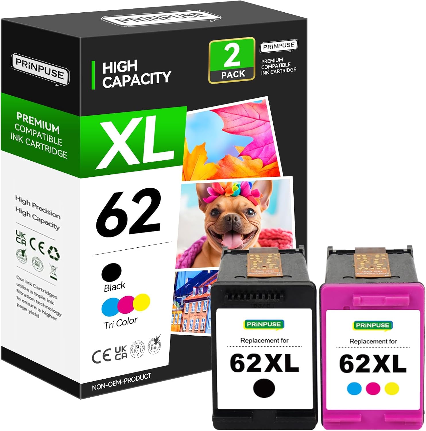 Remanufactured Replacements for HP Ink 62 62XL Ink Cartridge Work with HP Envy 5540 5640 5660 7644 OfficeJet 5740 5741 8040 OfficeJet 200 250 Series Printer (1 Black 1 Tri-Color)