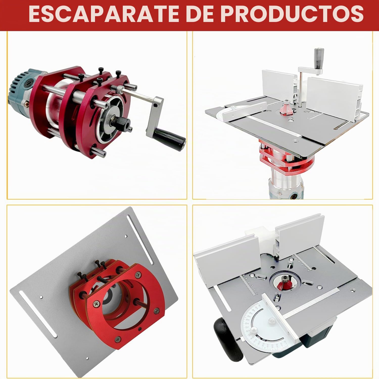 Mesa Fresadora para Madera Aluminio, Kit De Sistema De ElevacióN De Mesa Para Fresadora, SujecióN De 4 Mordazas, Router Table Lfit para CarpinteríA, Ranurado Y Recorte(Plata+Rojo)
