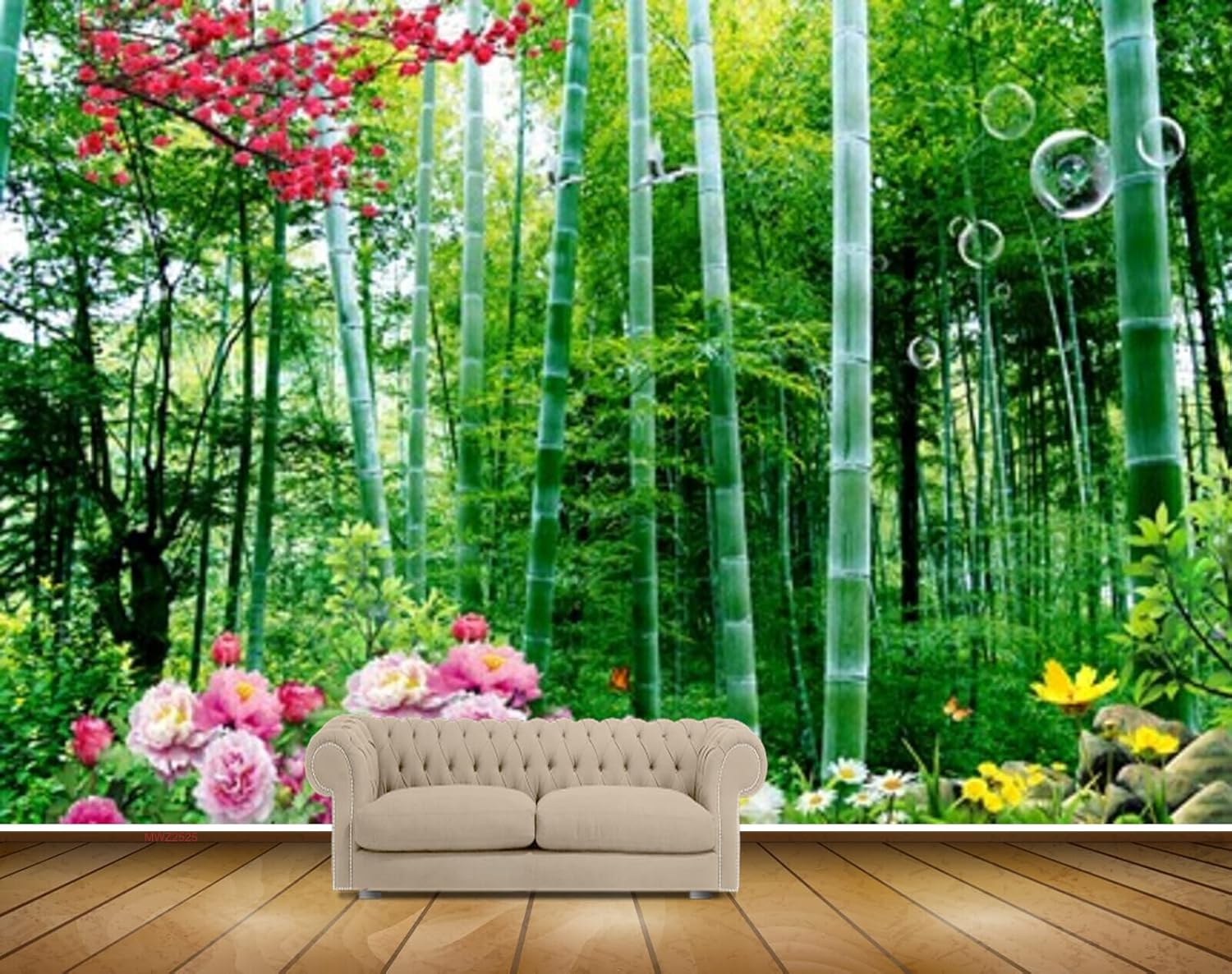 MWZ2525 Bamboo Trees Pink Yellow Flowers Branches HD 3D Wallpaper for Bedroom, Hall[19 ft x 17 ft] / [579 cm x 518 cm]