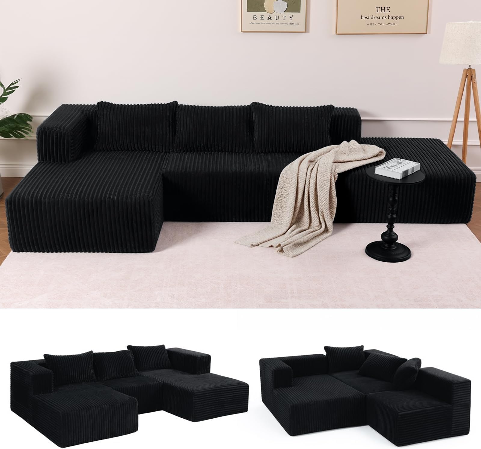 117” Cloud Sectional Couch for Living Room, L-Shape Modular Convertible Sofa with Chaise, 4 Seater Boneless Couch for Apartment, Large Seat Sofa with Throw Pillow, No Assembly, Black