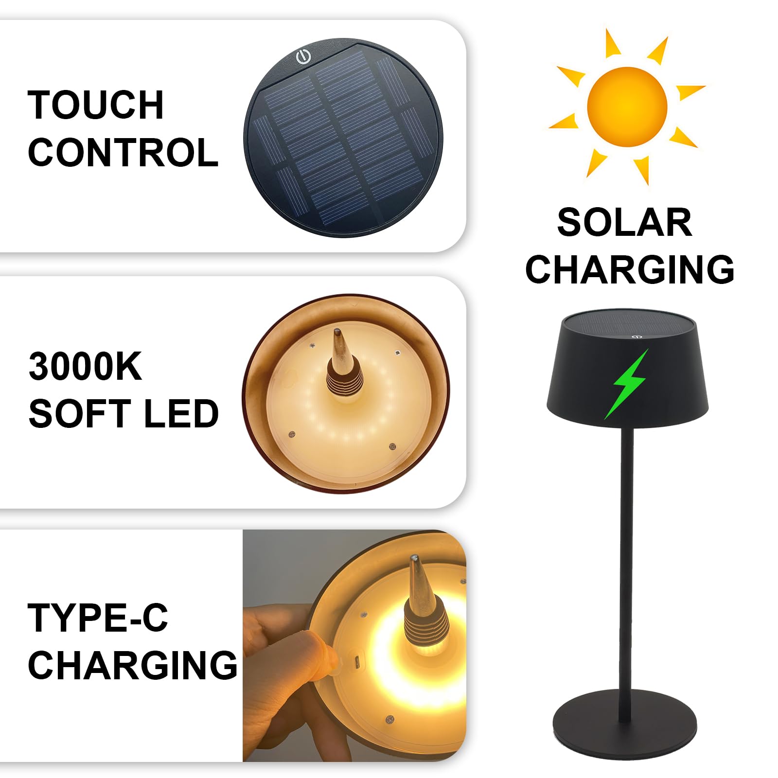 ANTELA Lampada da Tavolo Senza Fili a Energia Solare per Interni ed Esterni | 3000K Dimmer Touch, Ricaricabili via USB e Solare, Portabile, per Ristoranti, Terrazze, Nero, 2 Pezzi