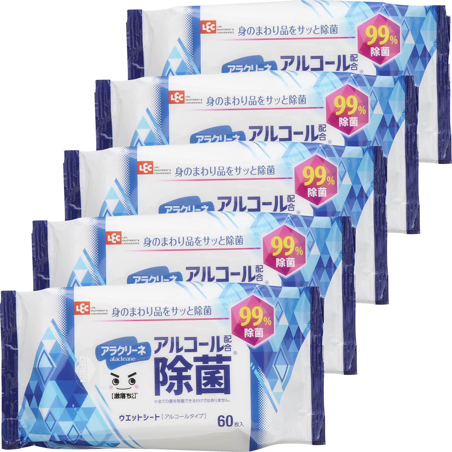 レック アラクリーネ アルコール配合 99%除菌 ウェットシート 60枚入×5個 【激落ちくん】/ 日本製/身のまわり品をサッと除菌/手指の汚れ落としにも /