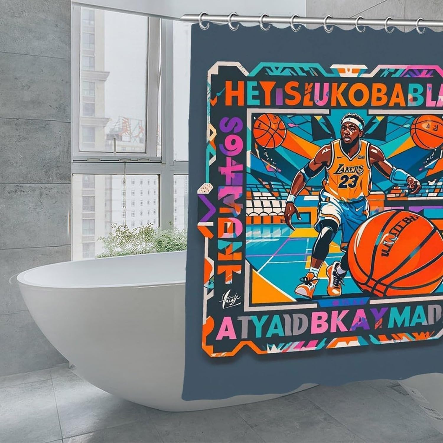 Cool Basketball Theme Shower Curtain with Hooks, Personalized Bath Curtain for Home, Washable Shower Liner for Hotel, Reusable Bath Curtains for Apartment, 70.8×70.8 Inches