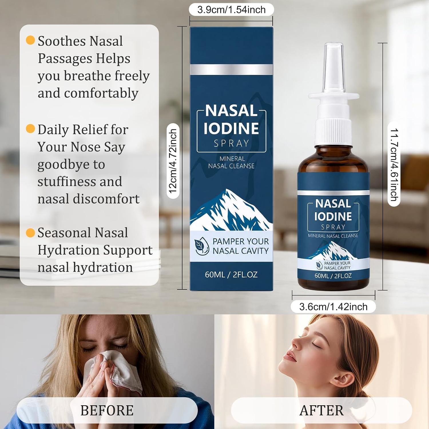 Timeno Iodine Nasal Spray with Fulvic Acid, Fine Mist Nasal Moisturizing Cleaner for Dry Nose, Daily & Travel Nose Care Spray, 60ml Each, 2 Pack