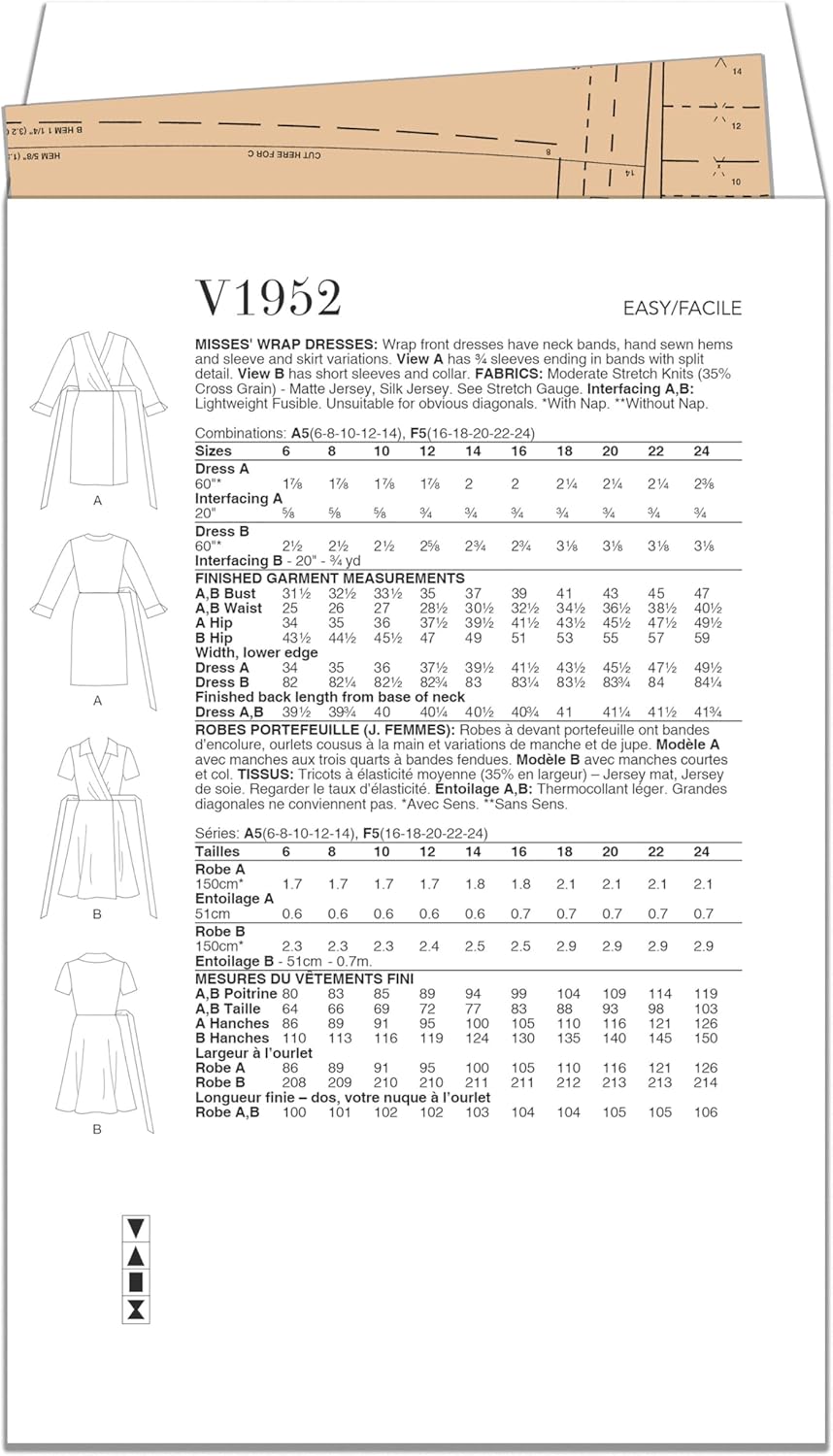 Vogue Misses' Wrap Dresses Sewing Pattern Packet, Design Code V1952, Sizes 6-8-10-12-14