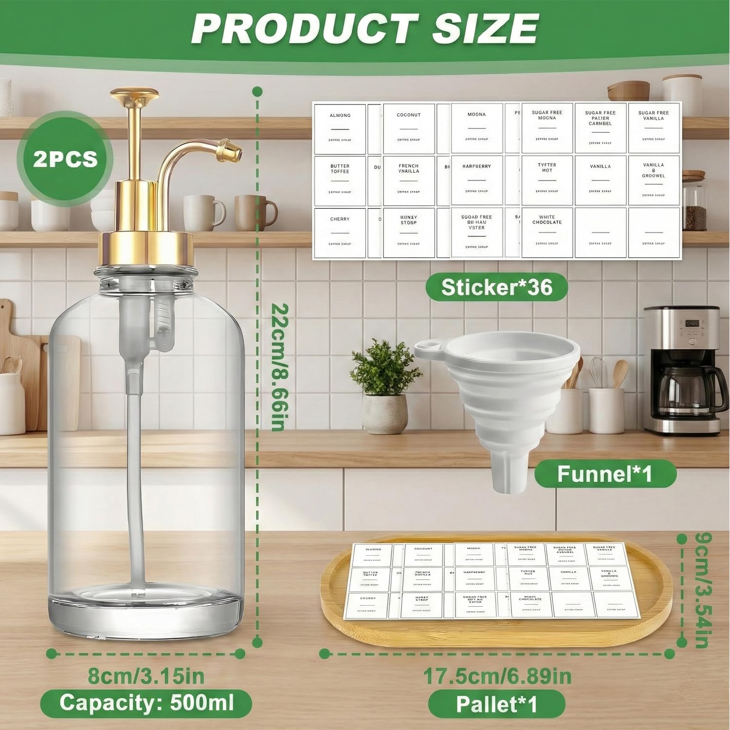 Set di 2 dispenser per sciroppi da caffè, con pompa dorata, con pompa, etichette, imbuto, pallet, 16,9 oz 500 ml, per caffè bar organizzazione