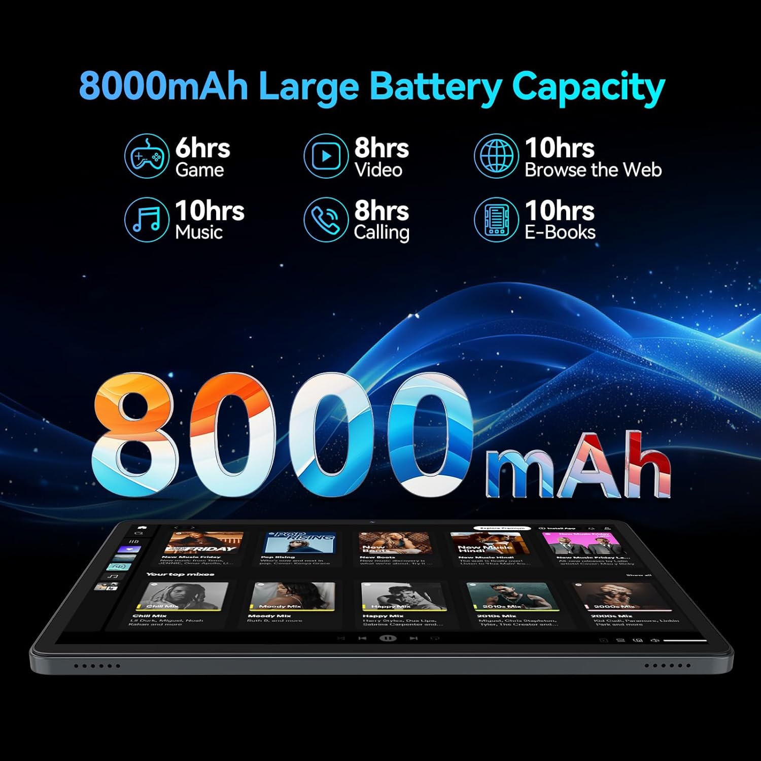 Graphic showing 8000mAh battery capacity with icons for various usage times.