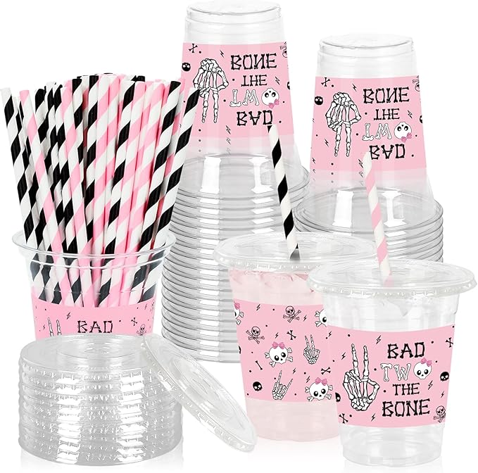 50Pcs Halloween Plastic Cups with Lids Straws Drinking Cup 12oz Pink Black Skull Bad Two The Bone Disposable Cups for Halloween Party Favors